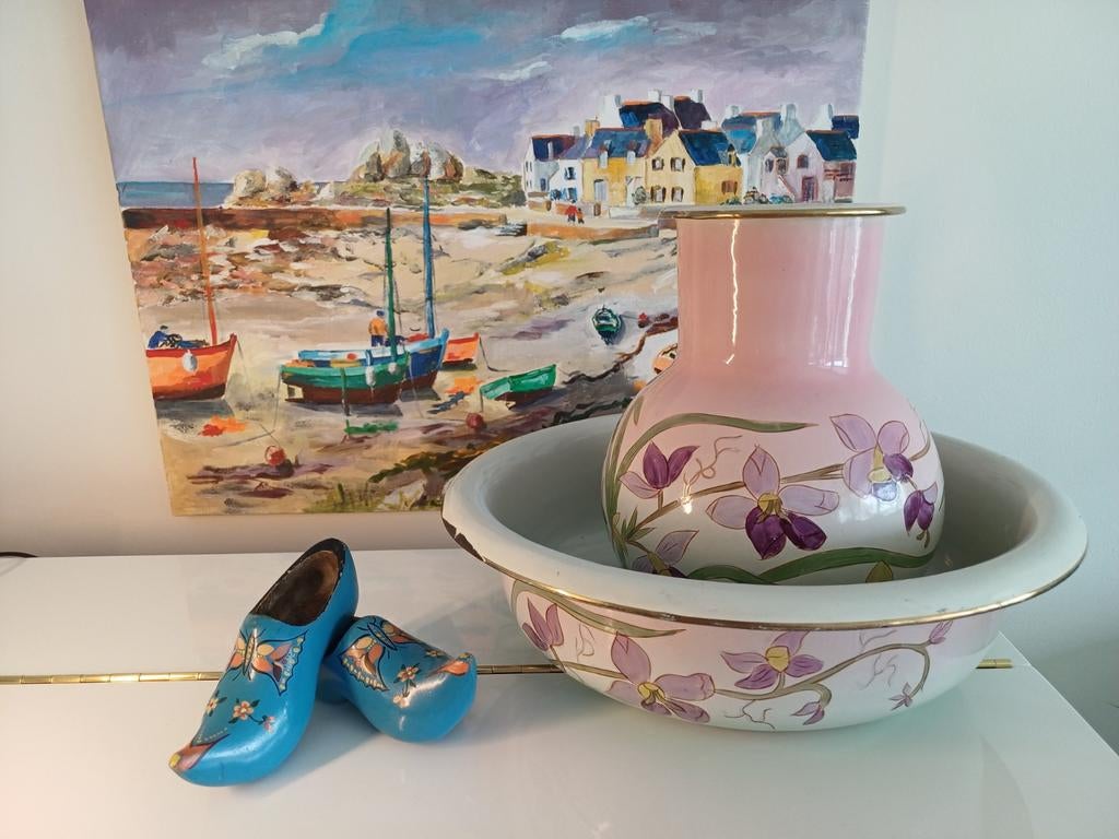 Antiek lampetstel in roze kleurstelling met bloemmotief, Ophalen of Verzenden