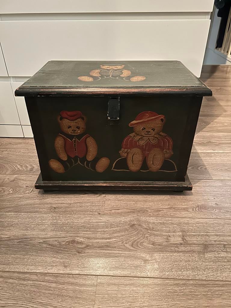 Vintage Houten Speelgoedkist met Handgeschilderde Beren, Huis en Inrichting, Woonaccessoires | Kisten, Gebruikt, 50 tot 100 cm