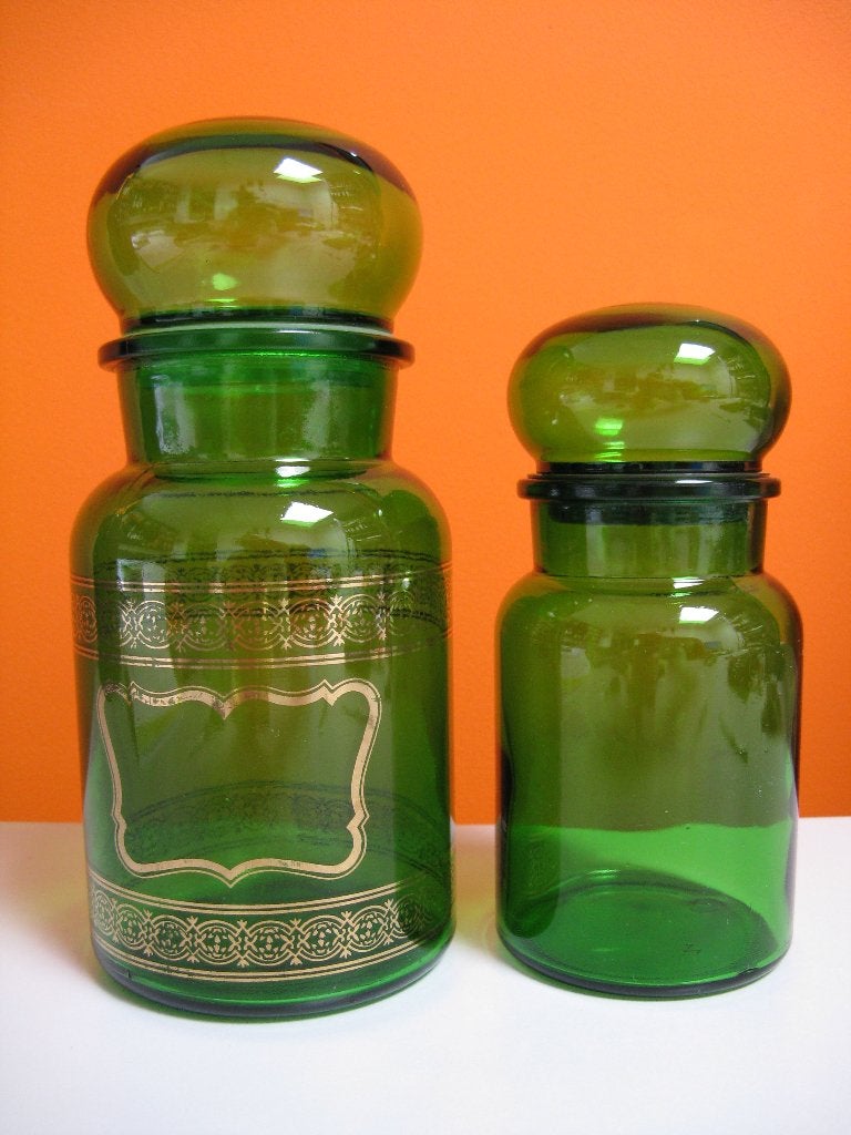 2x groene glazen vintage voorraadpotten, Ophalen of Verzenden, Zo goed als nieuw, Voorraadpot, Overige merken