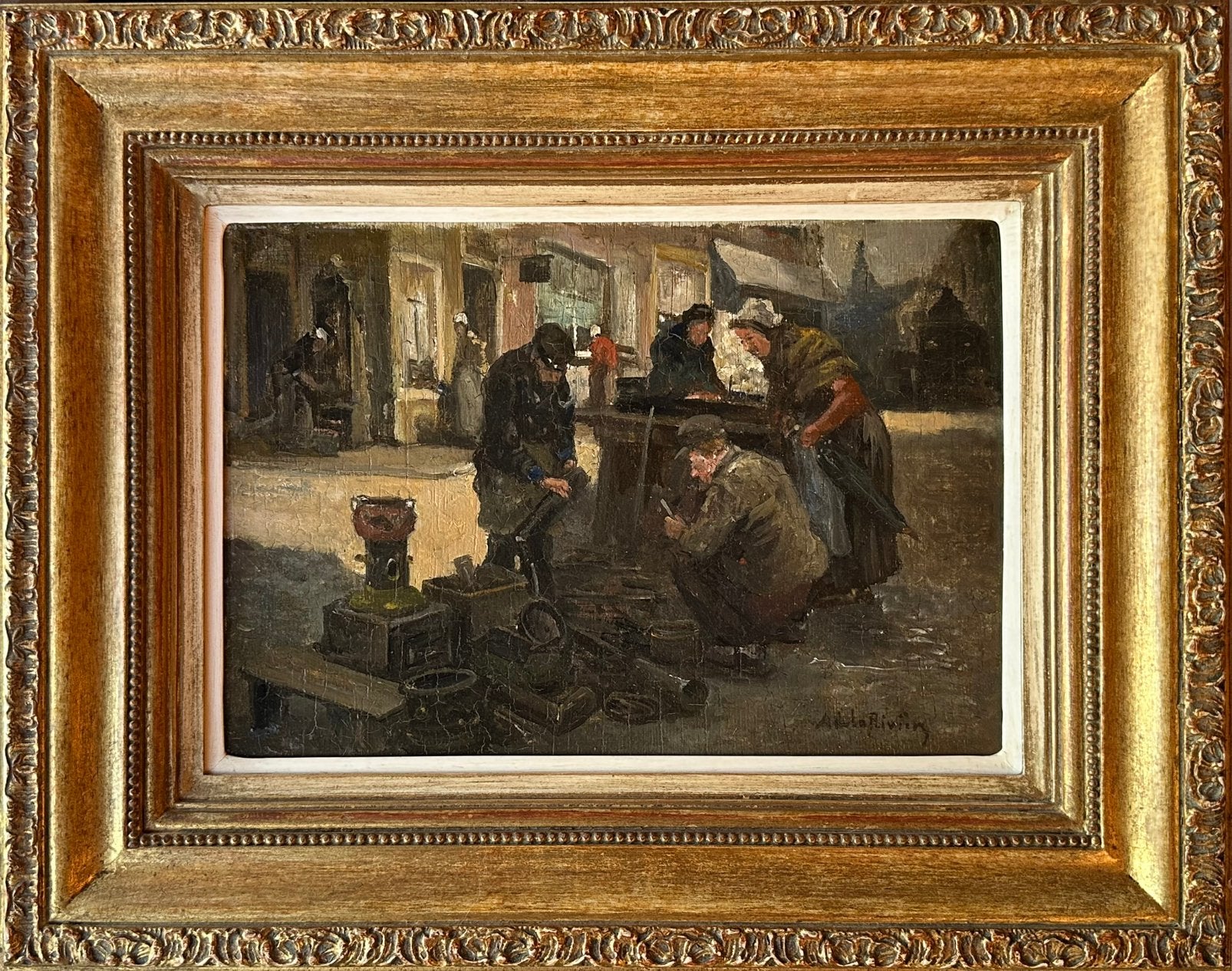 Adriaan Philippus la Riviere 1857-1941 - markt te Rotterdam, Ophalen, Paneel, Impressionistisch, Bijzondere lijst