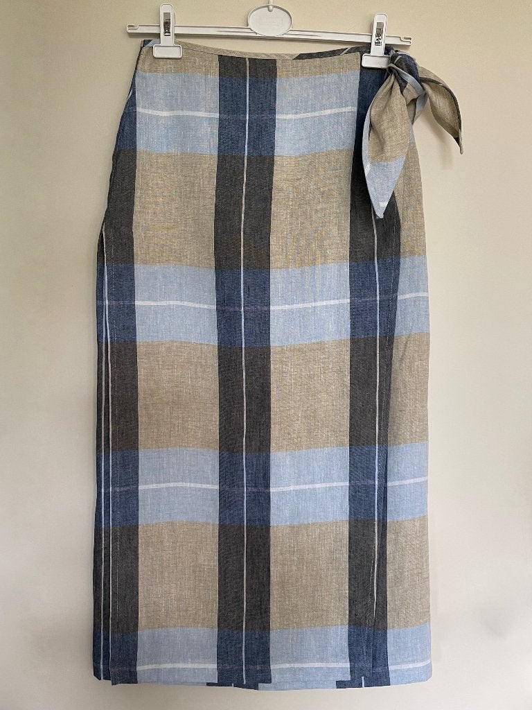 blauw-beige-wit geruite lange rok van linnen (Stroke), Maat 38/40 (M), Blauw, Nieuw, Ophalen of Verzenden