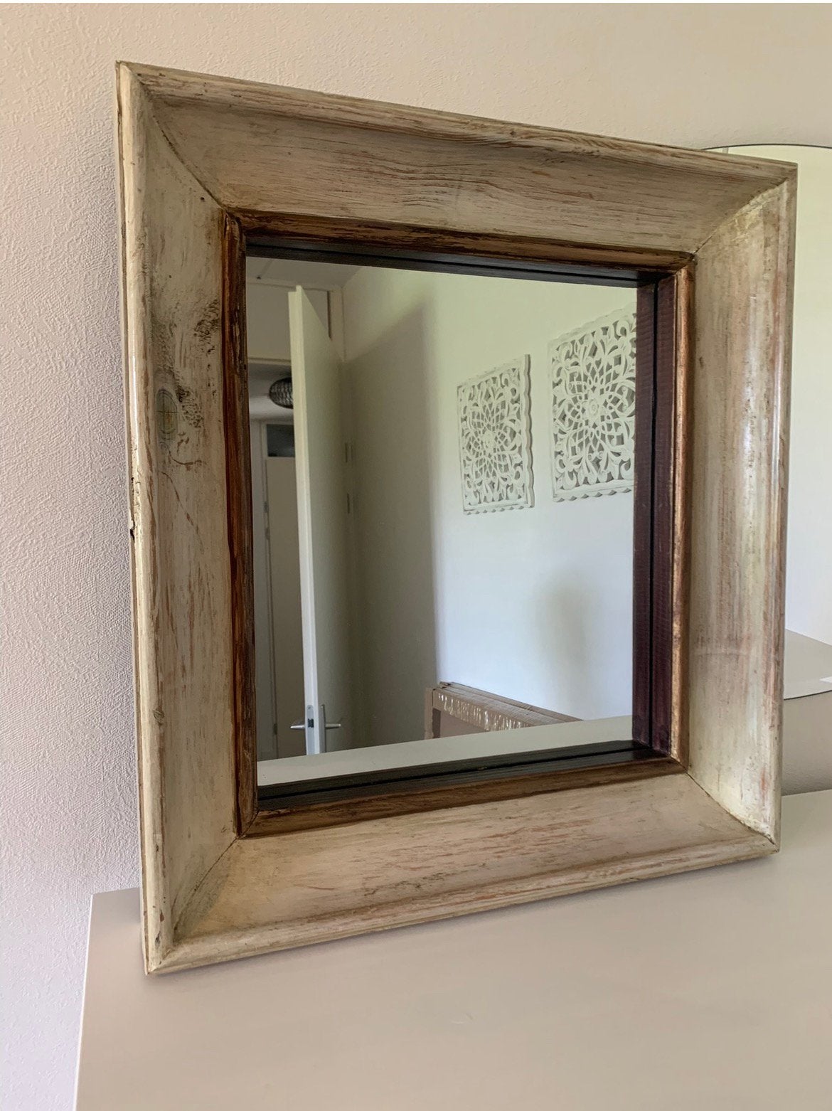 Vinted spiegel met houten lijst, Ophalen, Vierkant, Zo goed als nieuw, Minder dan 100 cm