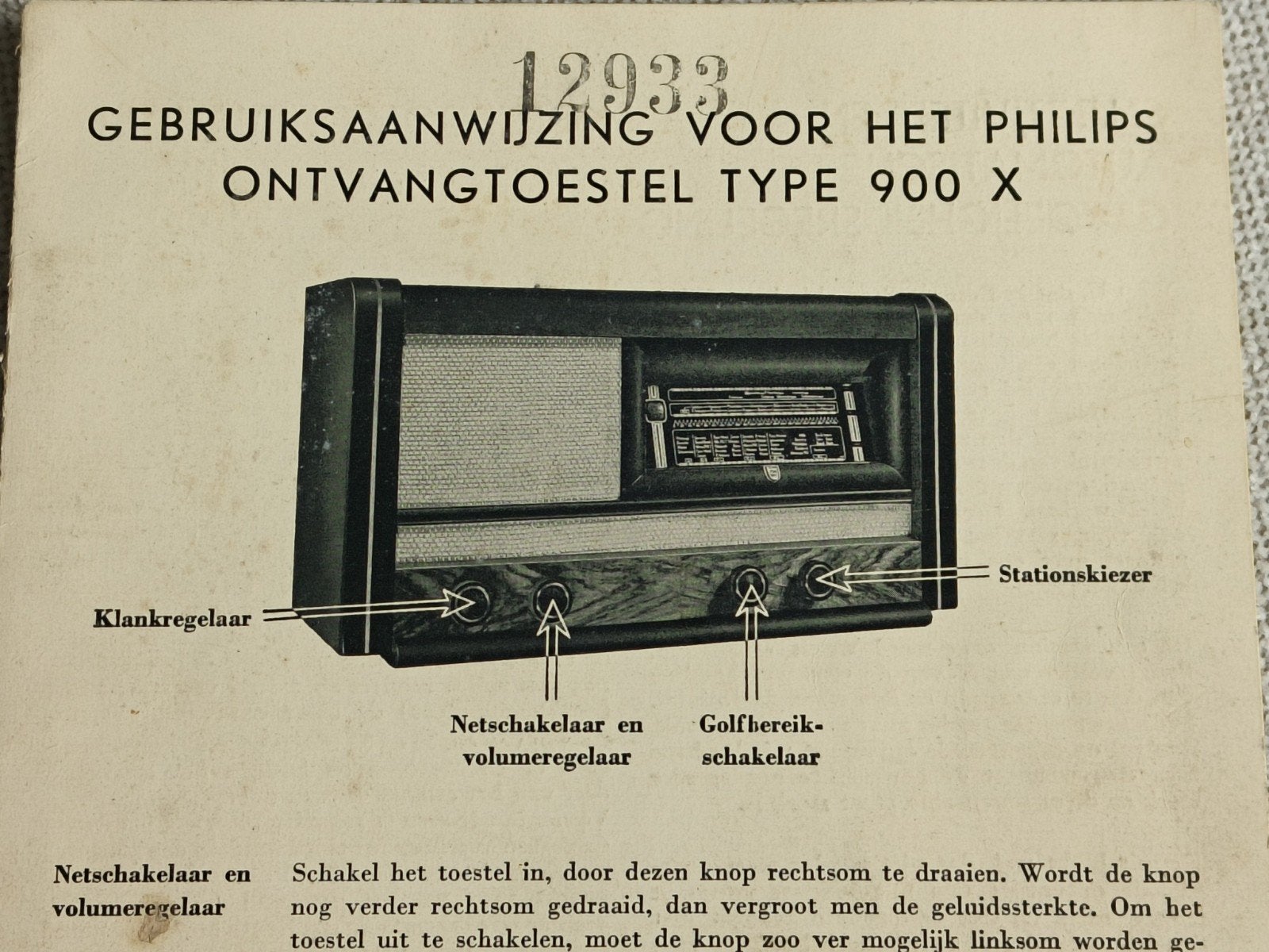 PHILIPS GEBRUIKSAANWIJZING TYPE 900 X, Ophalen of Verzenden