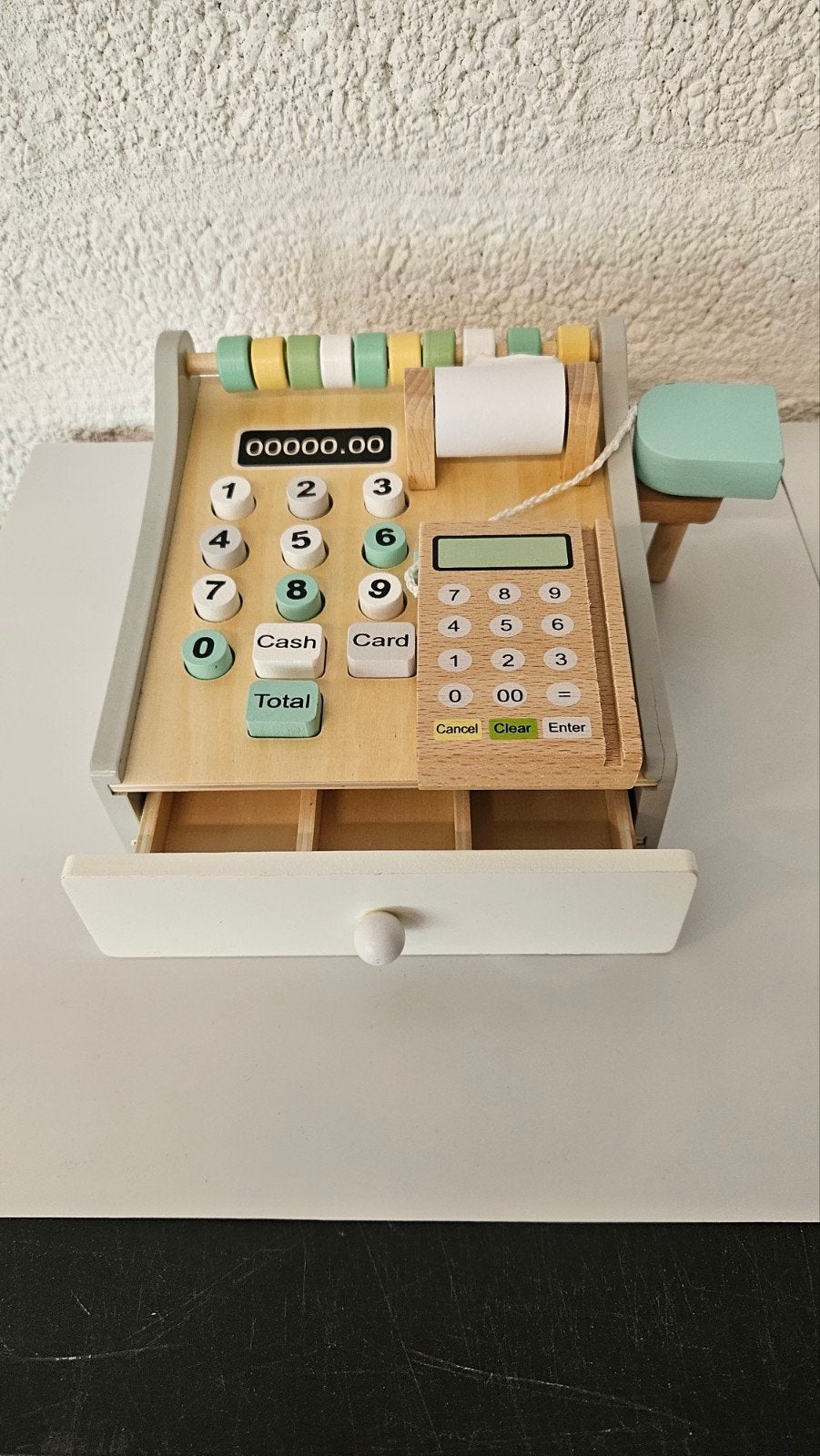 Houten kassa speelgoed met pinautomaat, Ophalen, Zo goed als nieuw, Rekenen