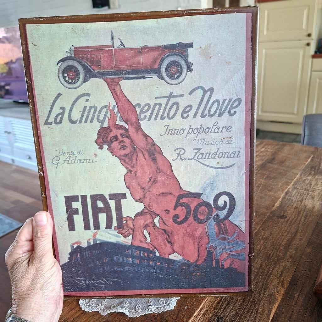 Fiat 509  Vintage Metalen Plaat 35x26 cm groot, Ophalen of Verzenden, Gebruikt, Reclamebord