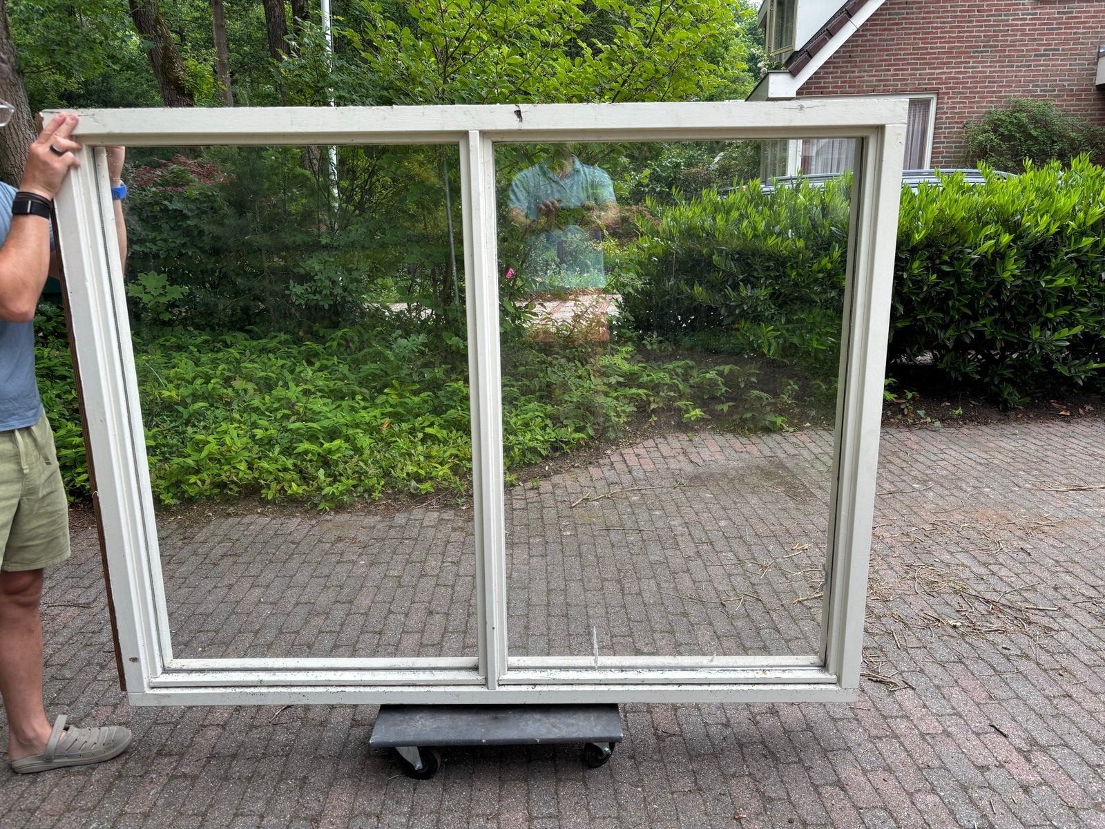 Groot dubbelglas hardhout raamkozijn, Doe-het-zelf en Verbouw, Ophalen, Gevelraam of Ruit, Gebruikt, 120 tot 160 cm