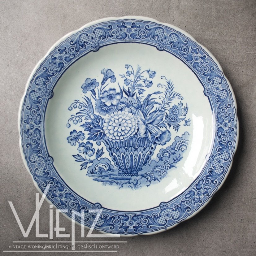 Prachtig groot wandbord, bord Boch Delfts blauw, bloemen, Ophalen of Verzenden