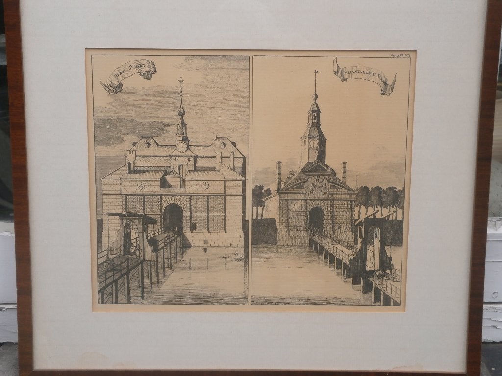Mooie Dubbele Gravure DAMPOORT/Vlissingsepoort Middelburg, Ophalen of Verzenden, Gravure