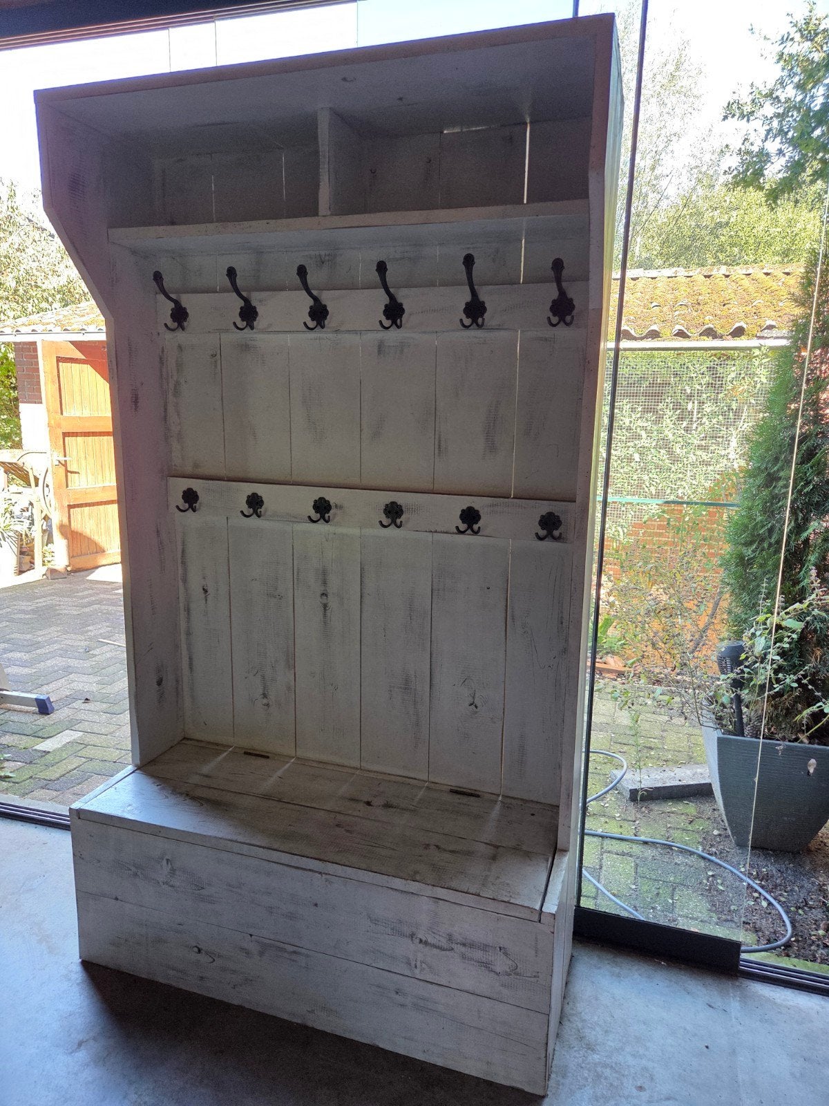 Houten kapstok kast met opbergbank, white wash, Ophalen, Gebruikt