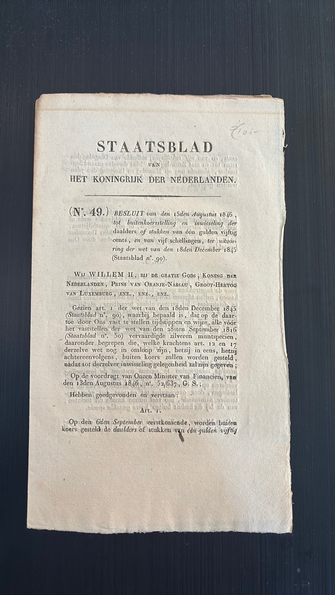 Afschaffing daalder 1846 origineel staatsblad, Ophalen of Verzenden