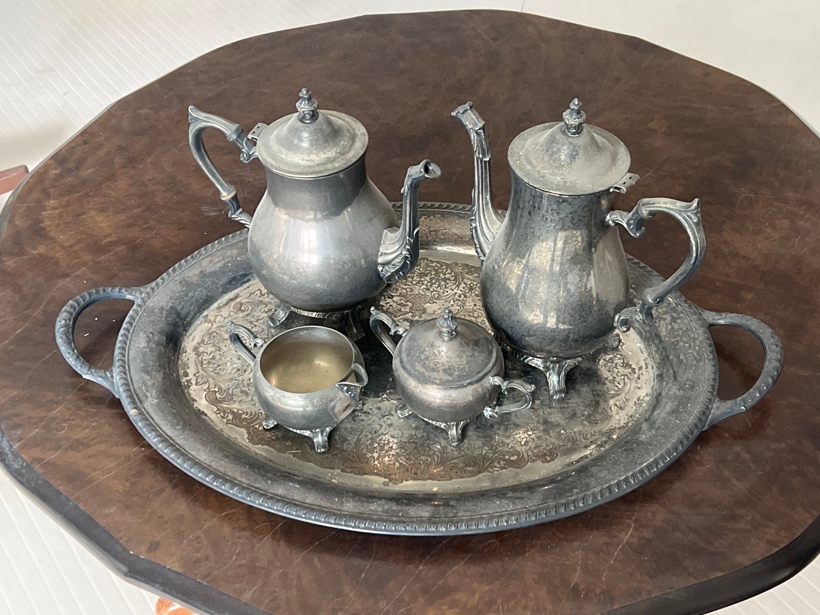 Antiek verzilverd theeservies met dienblad, Antiek en Kunst, Ophalen, Zilver