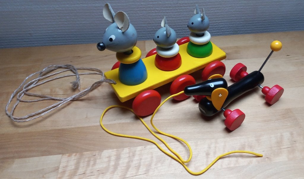 Vintage houten loopspeelgoed muisjes en Takkie @DOC61, Ophalen of Verzenden, Zo goed als nieuw, Duw- of Trekspeelgoed