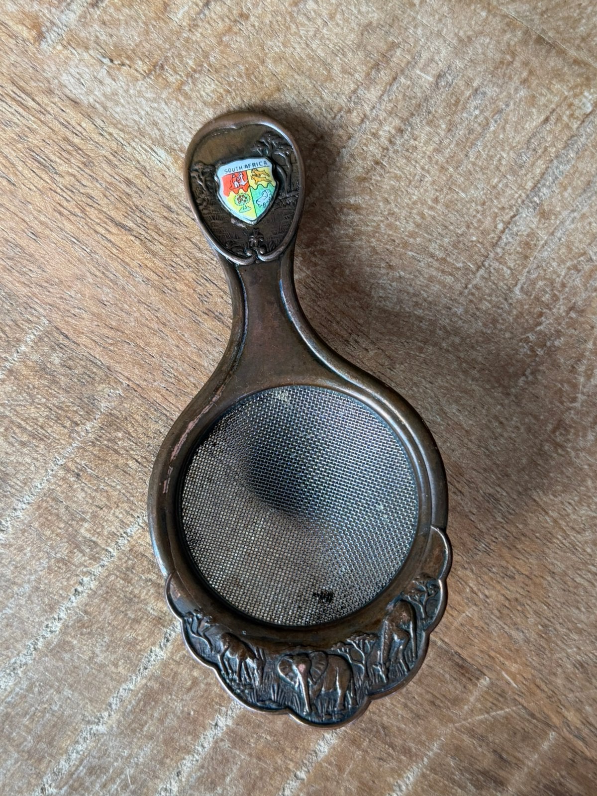Vintage Zuid-Afrika koperen theezeef emalje schildje safari, Ophalen of Verzenden
