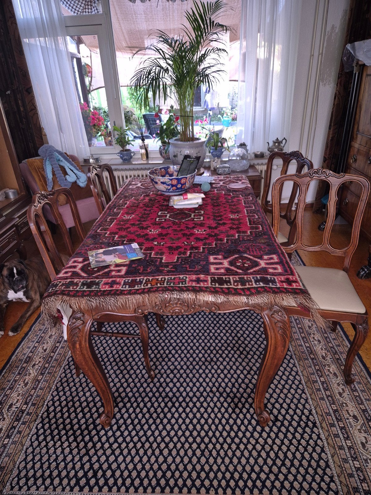 Antieke eettafel met 6 stoelen, massief hout, Antiek en Kunst, Antiek | Meubels | Tafels, Ophalen of Verzenden