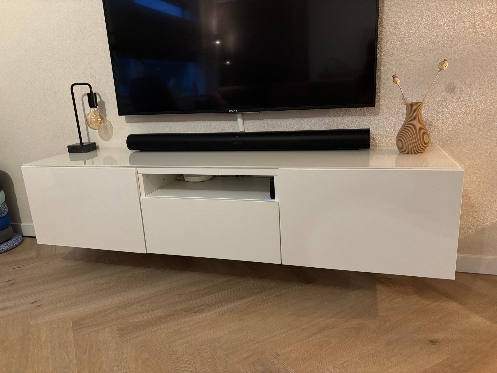 IKEA Besta tv-meubel 180x42x38 cm met glasplaat, Ophalen, Overige materialen, Gebruikt, 150 tot 200 cm