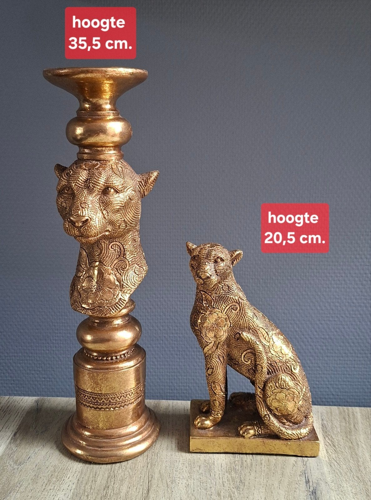 2 goudkleurige beelden panter/luipaard, Ophalen of Verzenden, Zo goed als nieuw, Goud