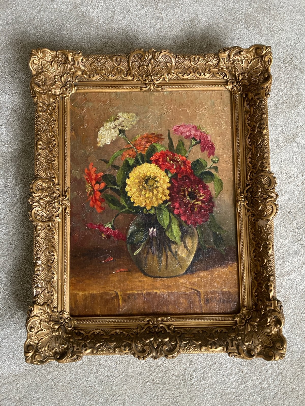 Olieverfschilderij: zinnias in Gouden Lijst, Ophalen of Verzenden