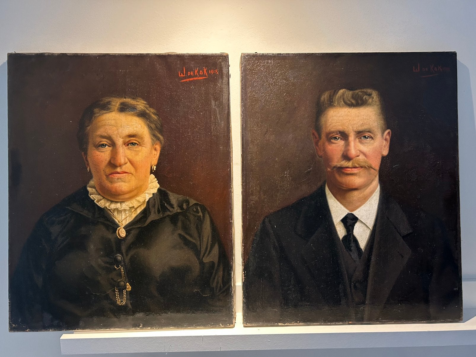 Set antieke olieverfportretten W. de Kok 1918 41 x 52 cm, Gesigneerd, Doek, Portret of Personen, Ophalen of Verzenden