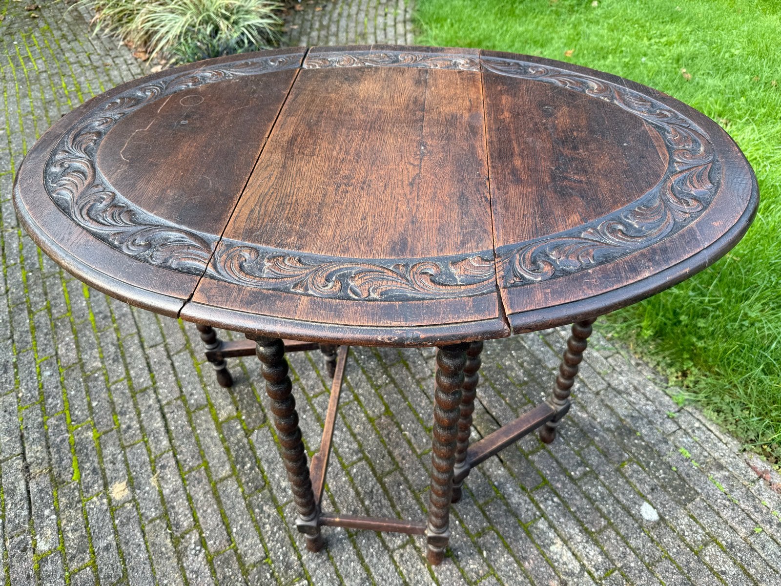 Antieke eikenhouten gateleg (kaarten)tafel, gedraaide poten, Ophalen