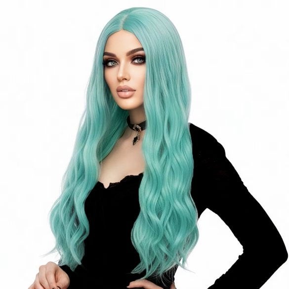 Pruik lang haar met golfjes in mint groen zonder pony, Verzenden, Nieuw, Pruik of Haarverlenging