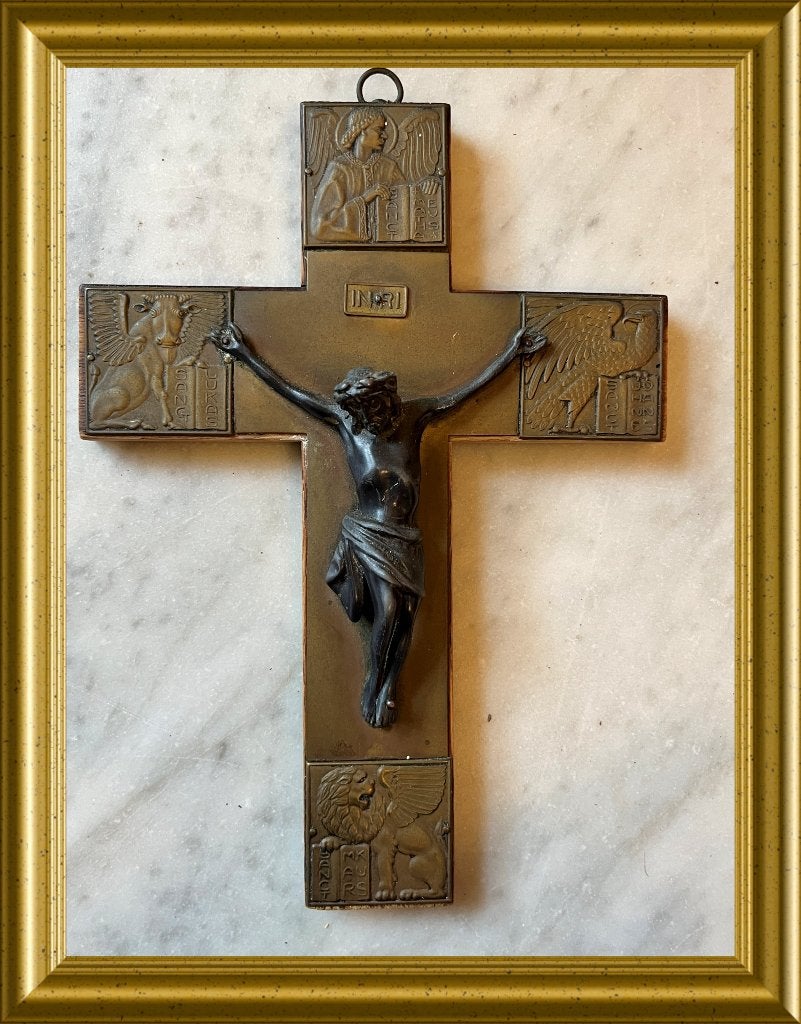 Oud houten kruis, corpus, 4 evangelisten, Antiek en Kunst, Ophalen of Verzenden