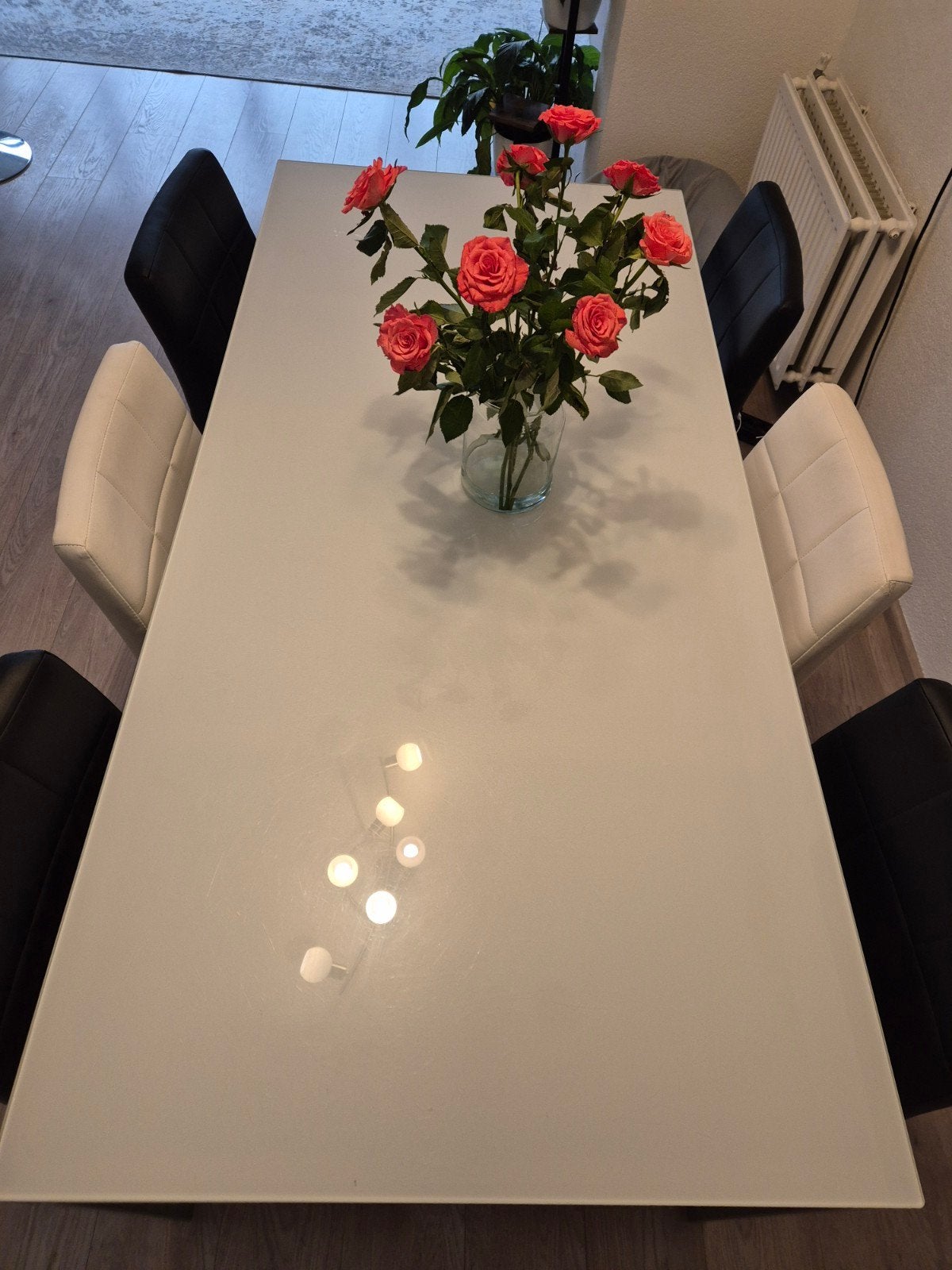 IKEA glazen eettafel + 6 JYSK stoelen, Ophalen, Gebruikt, 50 tot 100 cm, 150 tot 200 cm