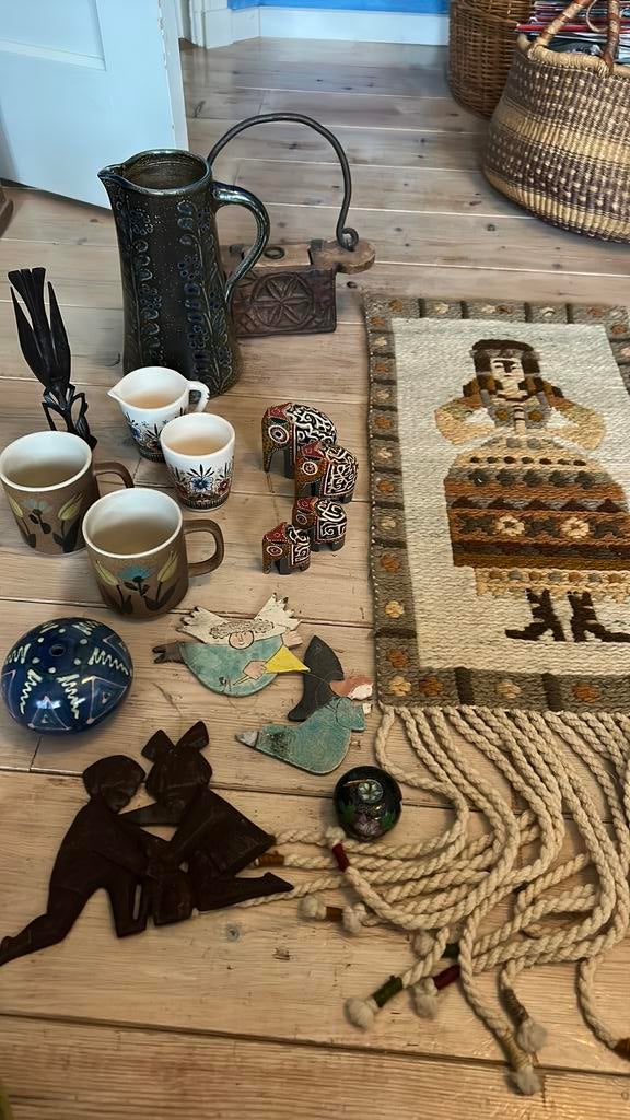 Lot met vintage items steengoed keramiek hout wandkleedje, Huis en Inrichting, Woonaccessoires | Overige, Ophalen of Verzenden
