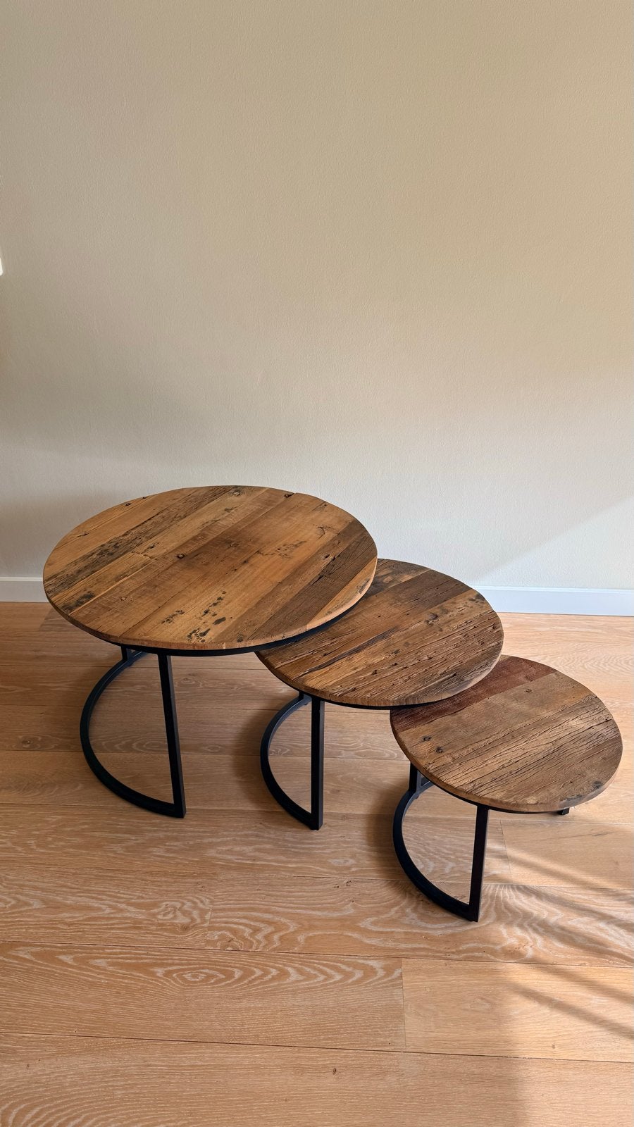 Set van 3 industriële salontafels met metalen frame, Ophalen, Gebruikt, 50 tot 100 cm, Rond