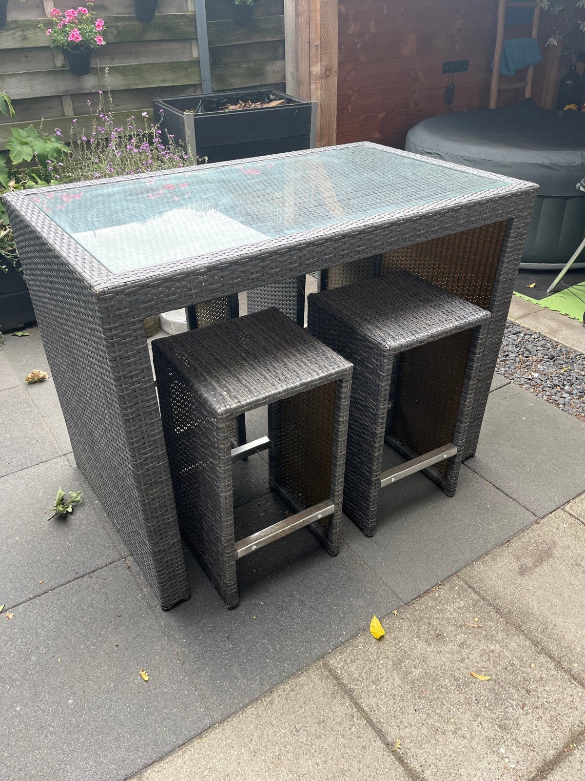 Wicker bartafel met 4 krukken - ideaal voor buiten, Ophalen, Gebruikt, Rechthoekig, Wicker