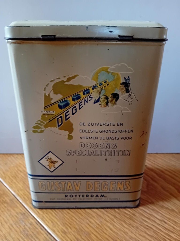 Gustav Degens antiek winkelblik gemengde specerijen R'dam, Ophalen of Verzenden, Gebruikt, Koek(jes)