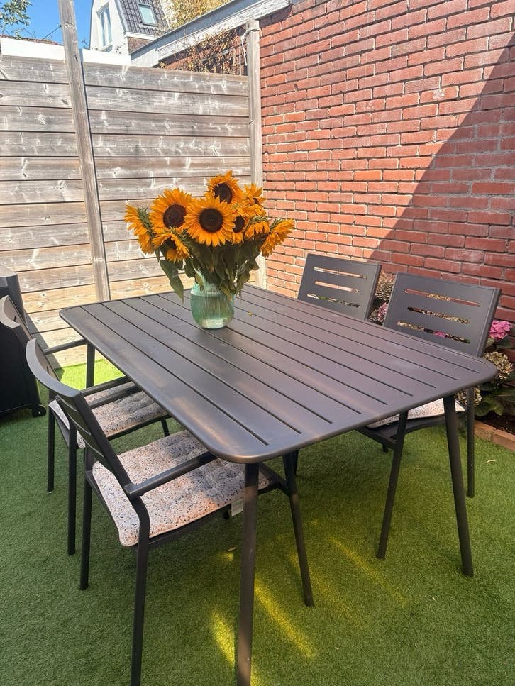Tuintafel met 4 stoelen – Antraciet staalgrijs – 150 x 90 cm, Ophalen, Gebruikt, Rechthoekig, Metaal