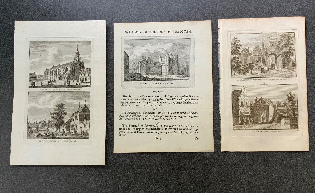 7 originele gravures Purmerend, Stadsgezicht, Ophalen of Verzenden, Gravure, Blanco verso