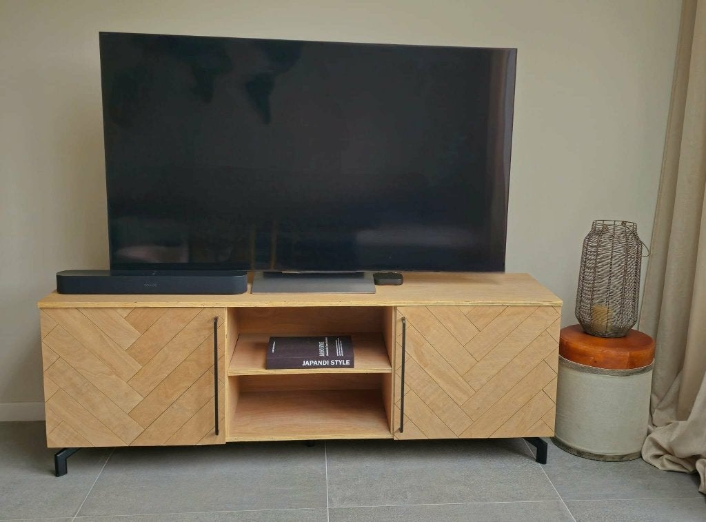 Stevig visgraat TV-meubel - 180bx47dx64,5h, Ophalen, Japandi, Gebruikt, 150 tot 200 cm