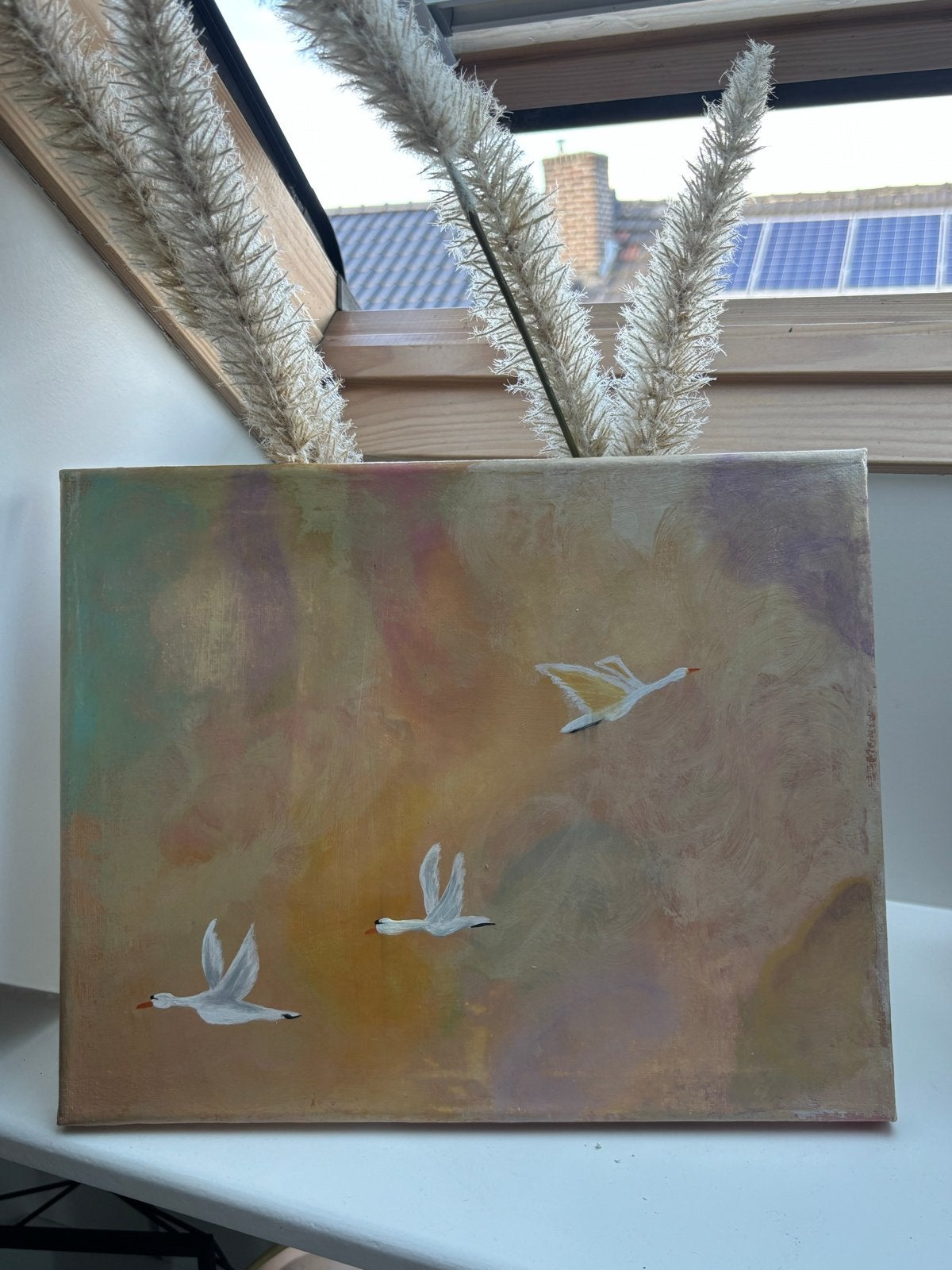 Schilderij met vliegende vogels - Handgemaakt kunstwerk, Ophalen of Verzenden