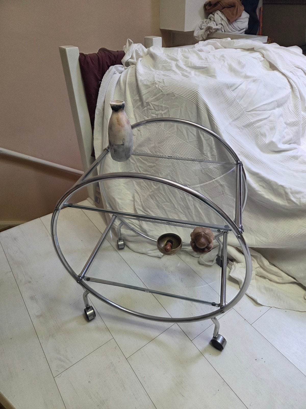 Vintage Bauhaus chromen serveerwagen, glazen bartrolley rond, Ophalen, Gebruikt, Metaal of Aluminium, Rond