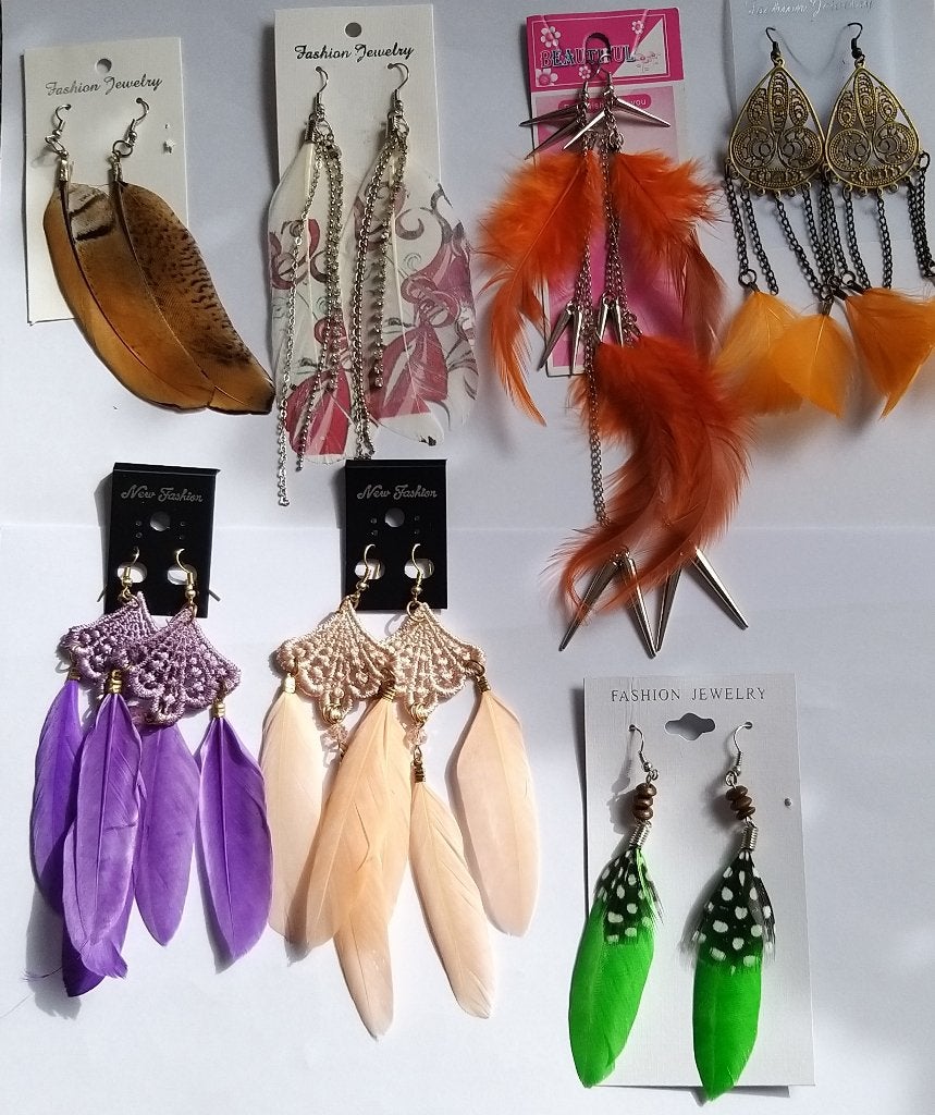 Set van 7 paar gekleurde veren veertjes oorbellen, Overige materialen, Hangers, Overige kleuren, Nieuw