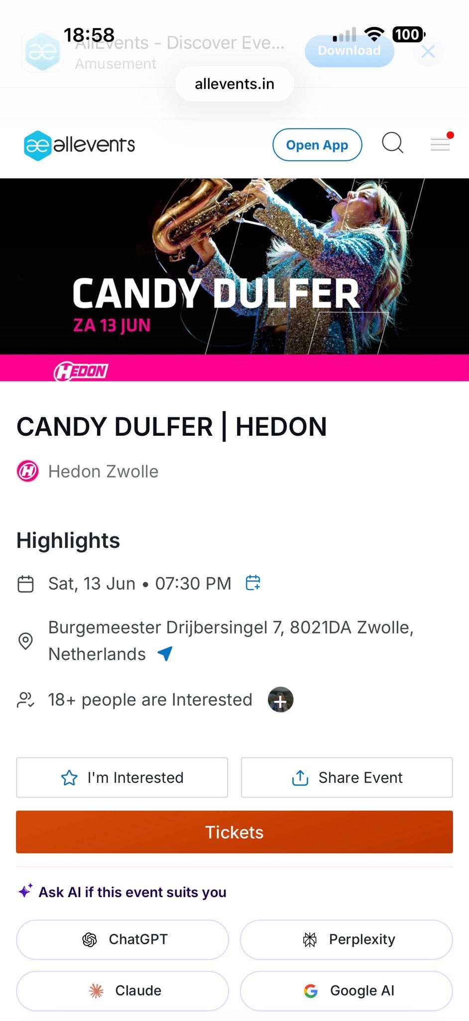 2 tickets Candy Dulfer - Zwolle Hedon 13.06 om 19:30, Tickets en Kaartjes, Drie personen of meer, Maart
