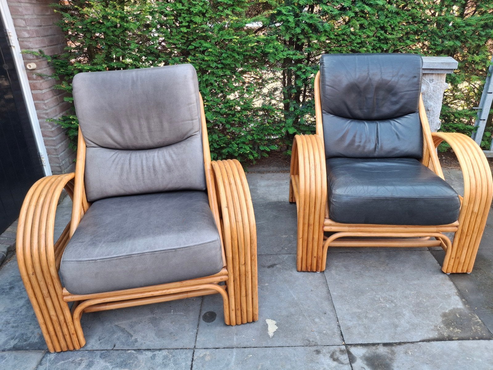 Bamboe set, fauteuils met tafel, Paul Frankl stijl, rattan, Ophalen, Zo goed als nieuw, 75 tot 100 cm, 50 tot 75 cm
