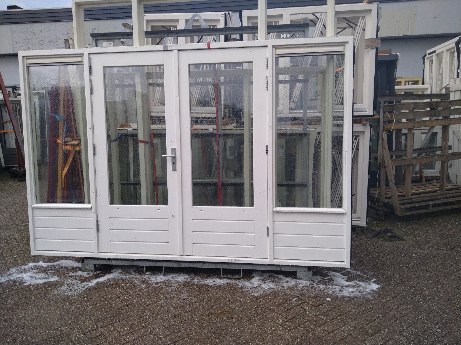 kozijn met dubbele tuindeuren en zijlichten, Ophalen of Verzenden, Glas, 120 cm of meer, 215 cm of meer