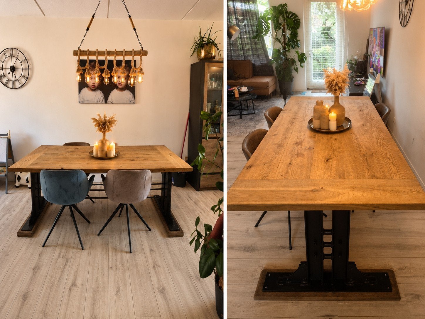 Robuuste eettafel van eikenhout met metalen onderstel, Gebruikt, 150 tot 200 cm, Industrieel, Robuust, Rechthoekig