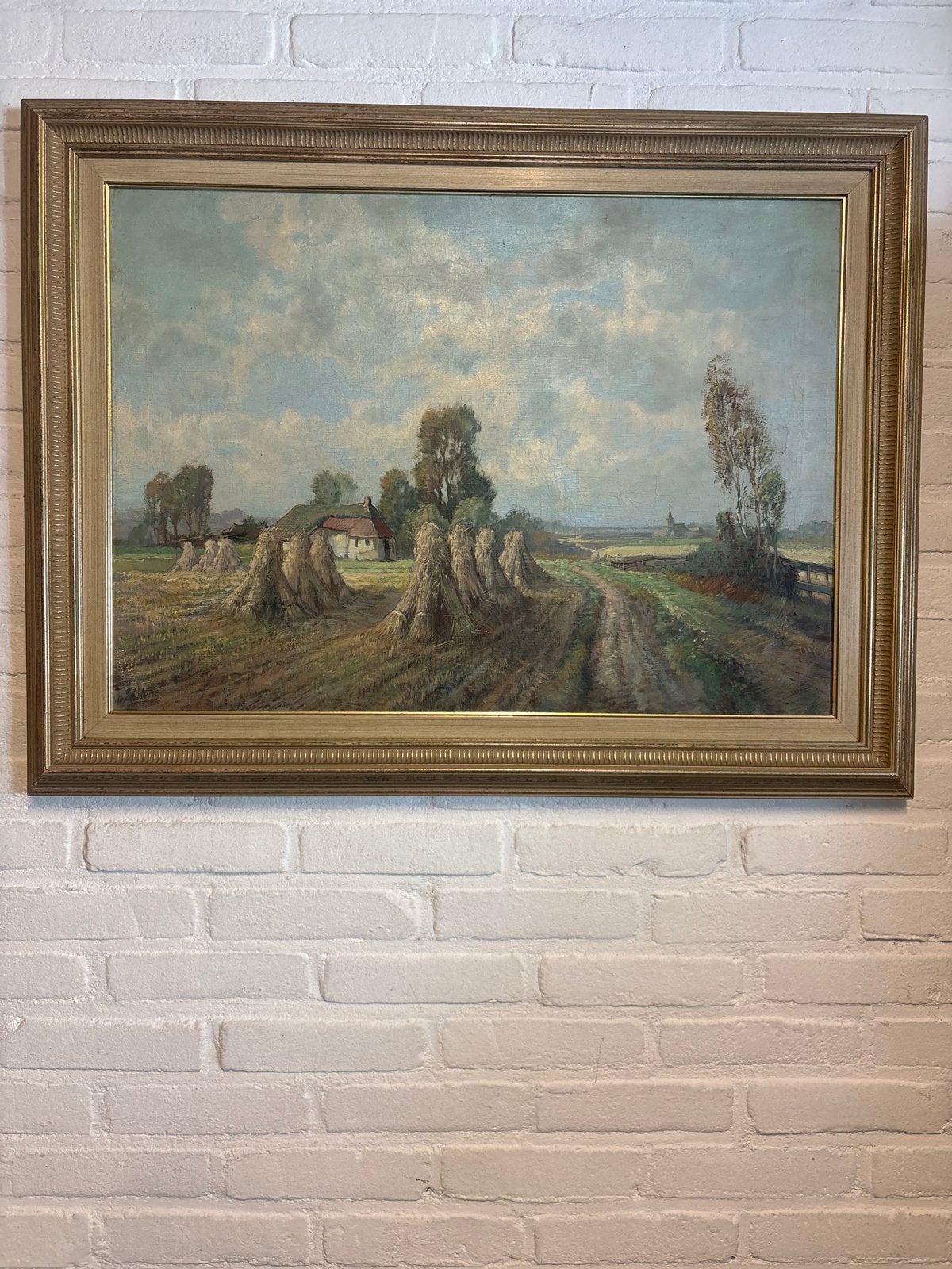 Oud Hollands Landschap met Korenschoven - Olieverf op Doek, Doek, Oud hollands, Ophalen of Verzenden, Gesigneerd