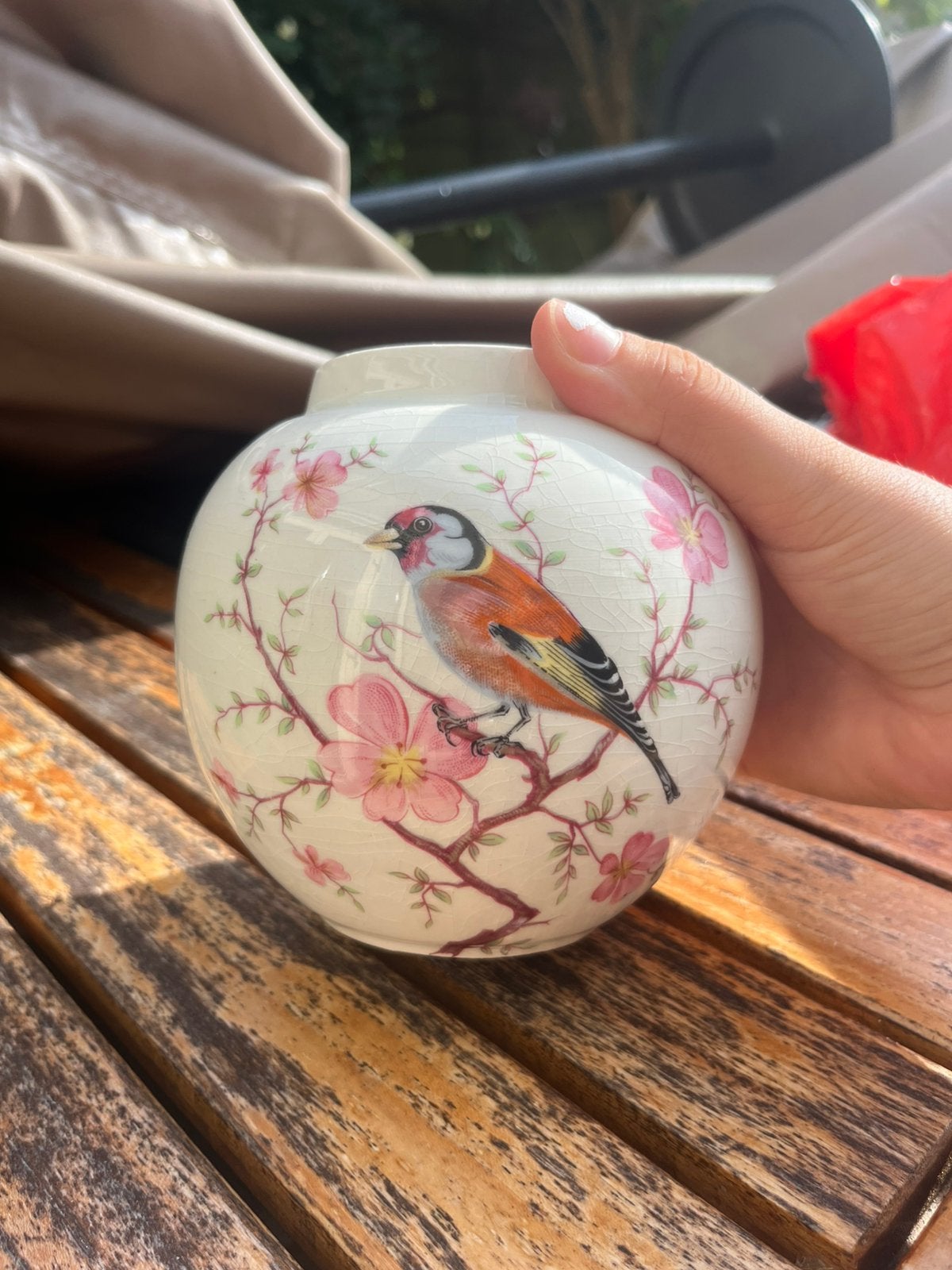 Vintage Engelse Gemberpot / Vaas met Distelvink en Bloesem, Ophalen of Verzenden