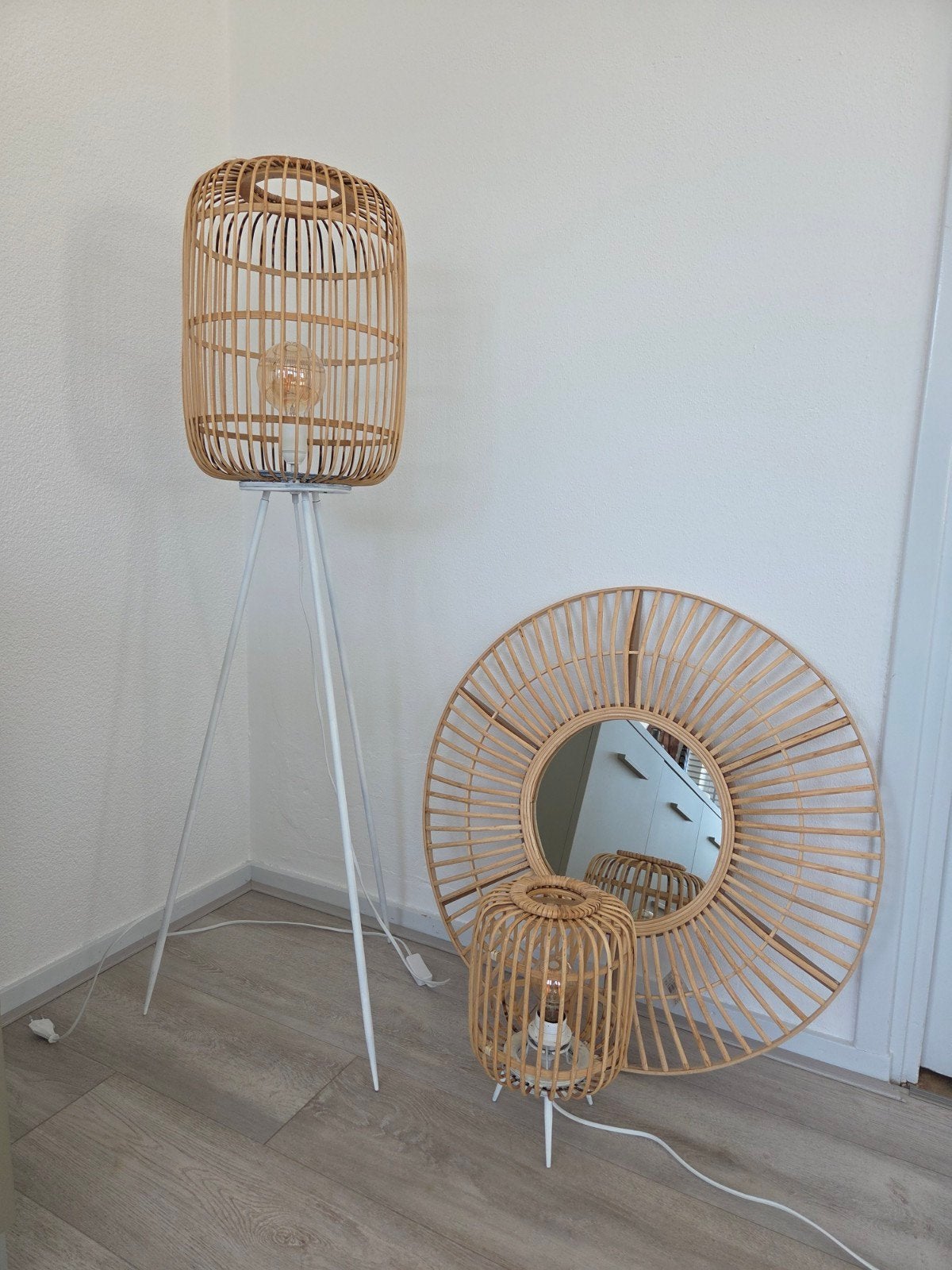 Set van 2 bamboe lampen en spiegel, Ophalen, Boho, Scandinavisch, Natuurlijk, Zo goed als nieuw, 100 tot 150 cm