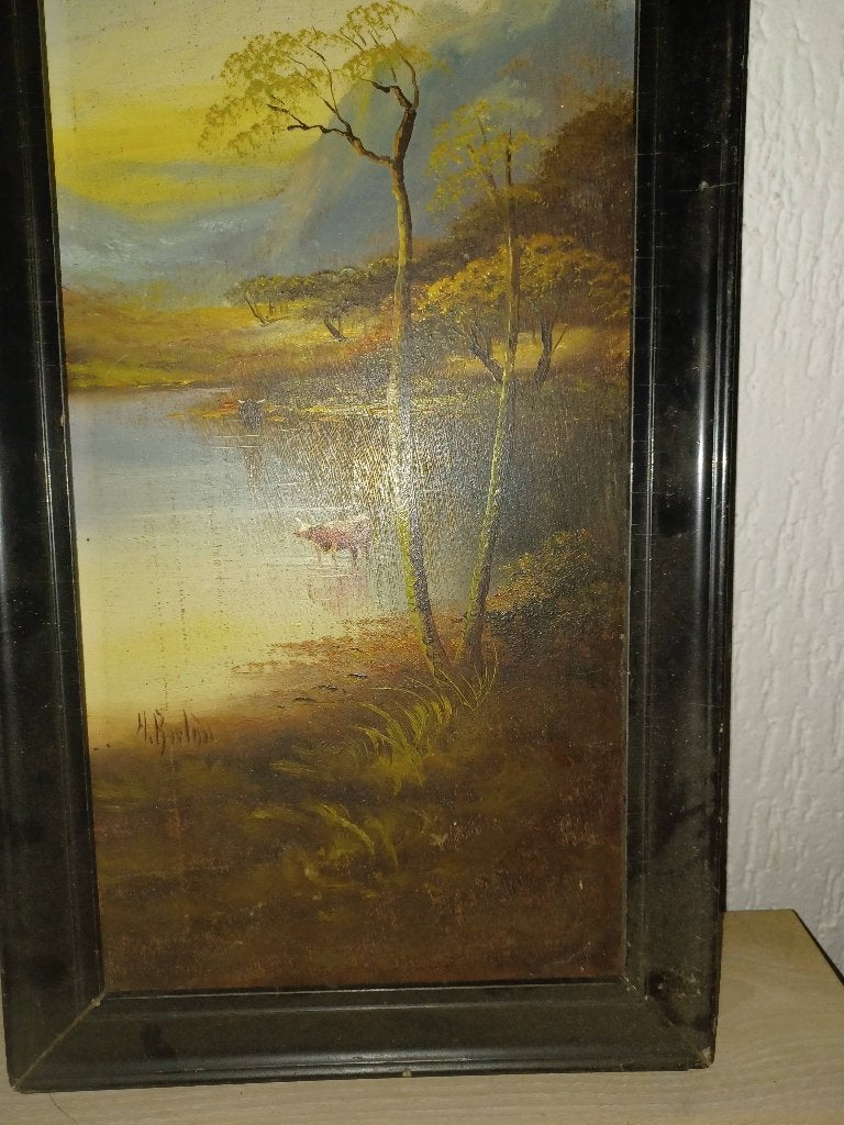 Oud schilderij met landschap en koe - Rookaanslag, Ophalen, Gebruikt