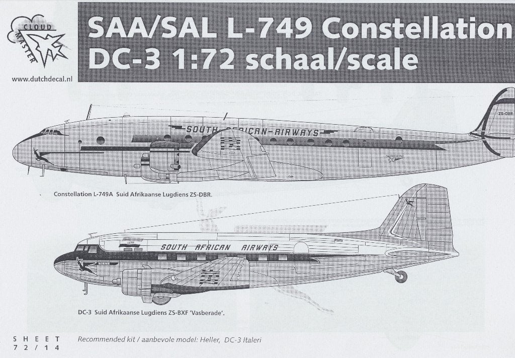 Cloudmaster (Dutch Decal) SAA/SAL  Constellation/ DC-3 1:72, Overige merken, 1:72 tot 1:144, Verzenden, Nieuw