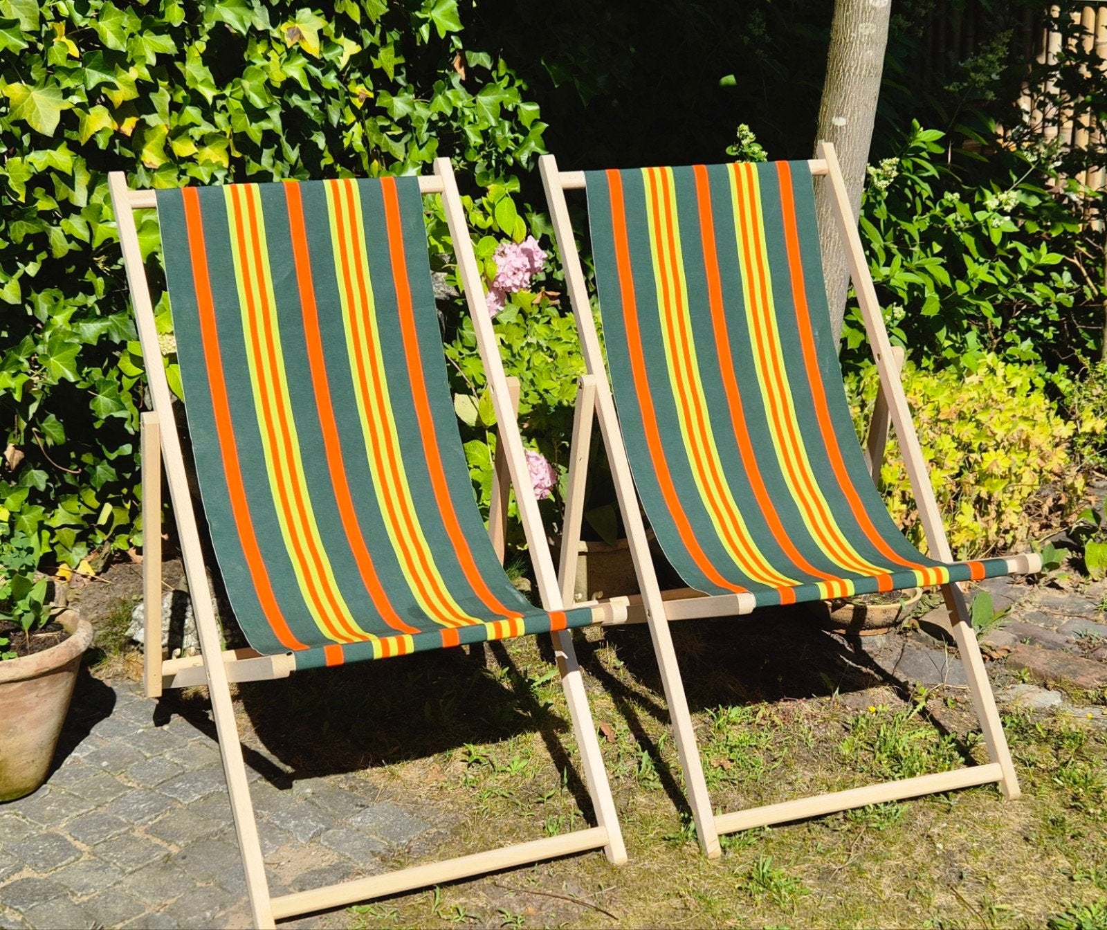 Houten vintage strandstoelen streepjes ligstoelen klapstoel, Ophalen, Nieuw, Hout