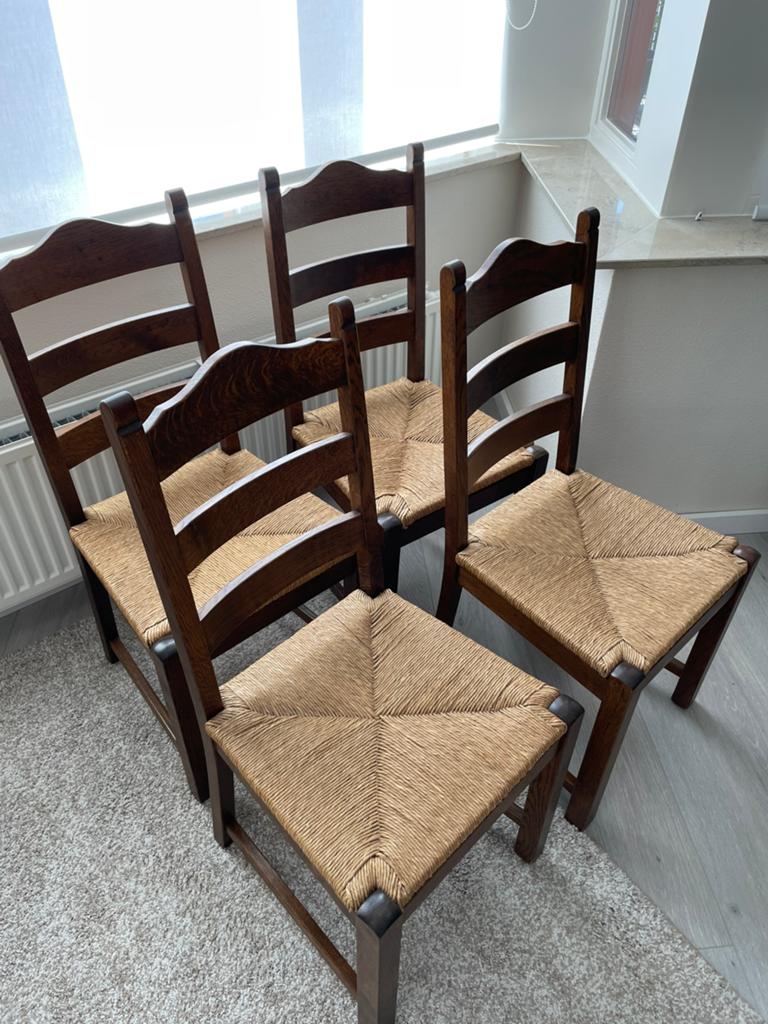 4 eetkamerstoelen eiken, rieten zitting, Ophalen, Gebruikt, Bruin, Hout
