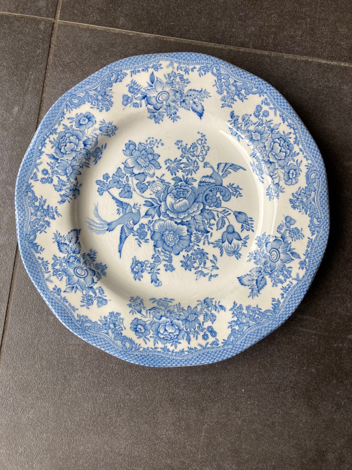 Vintage Asiatic Pheasants bord 25cm, blauw-wit decor, Ophalen of Verzenden