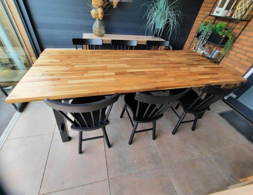 Eettafel (235x100 cm) hout/zwart met 6 houten stoelen, Gebruikt, 200 cm of meer, Scandinavisch, 50 tot 100 cm