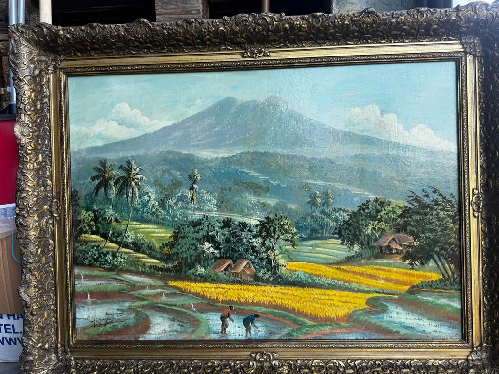 Olieverfschilderij rijstvelden Indonesië, ingelijst, Ophalen of Verzenden
